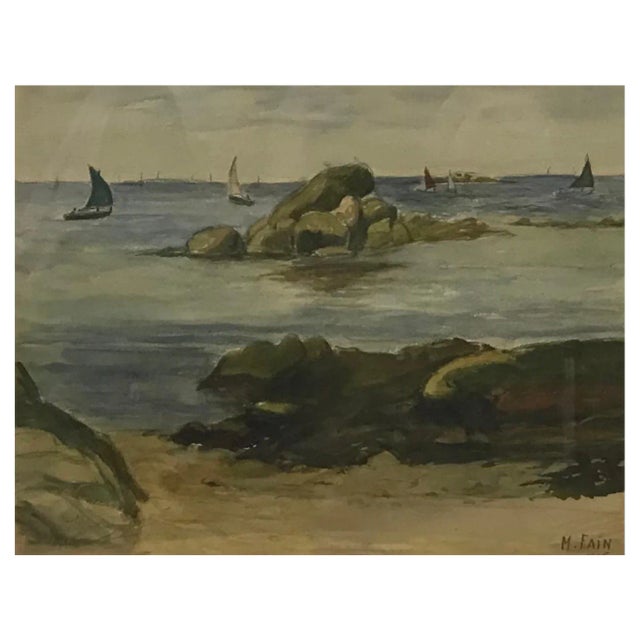 Mélanie Fain, Sea Side, Watercolor, 1935 For Sale
