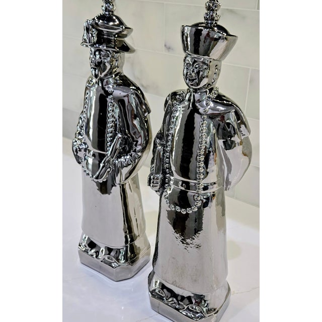 Ceramic Large Vintage Chrome Chinoiserie Porcelain Scholar & Student Figurine Pair, 18 Inch For Sale - Image 7 of 17