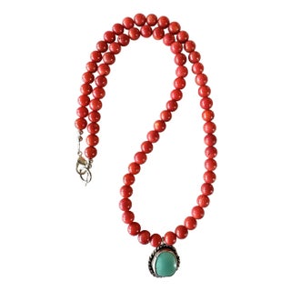 Coral Beaded Necklace With Sterling Silver Turquoise Pendant - Designed by Matthew Izzo For Sale