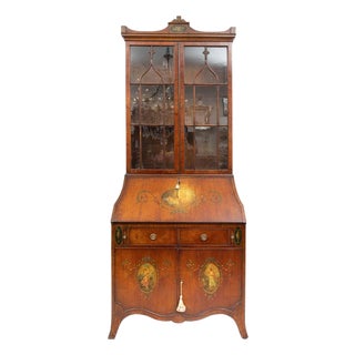 Edwardian Walnut Secretary With Hand Painted Motifs For Sale