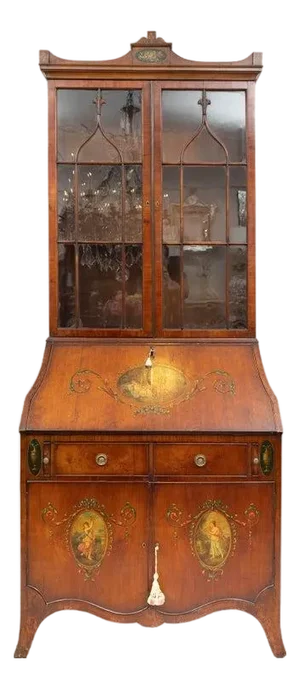 Edwardian Walnut Secretary With Hand Painted Motifs