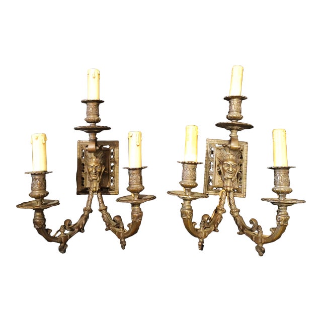 Late 19th Century French Renaissance Revival Bronze Mascaron Three-Light Wall Sconces - a Pair For Sale