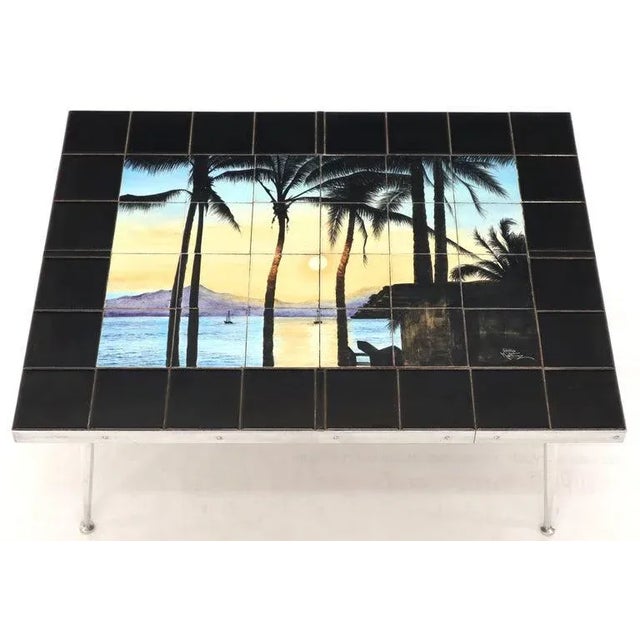 Mid-Century Modern Art Tile Top Beach Scene Turned Legs Mid-Century Modern Coffee Table For Sale - Image 3 of 10