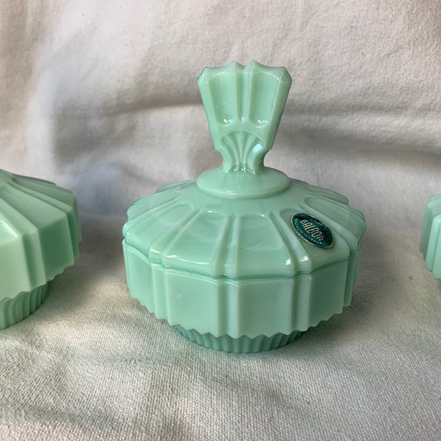 Murano Circa 1940s Murano Glass Opaque Jadeite Green Vanity Bottles and Jar - Set of 3 For Sale - Image 4 of 6
