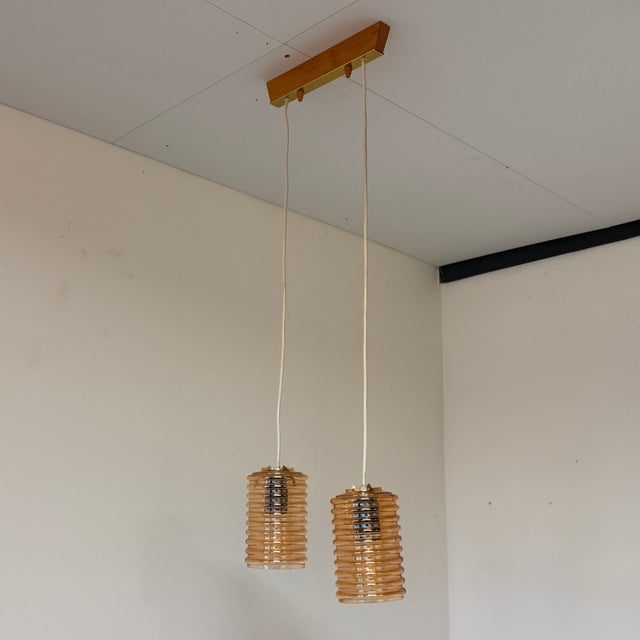 Wood Vintage Ceiling Lamp with Two Amber Shades, 1960s For Sale - Image 7 of 12