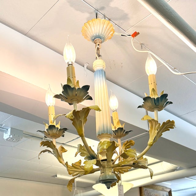 Super charming yellow and blue painted metal vintage 4 light chandelier with wood fluted center. Matching canopy included....