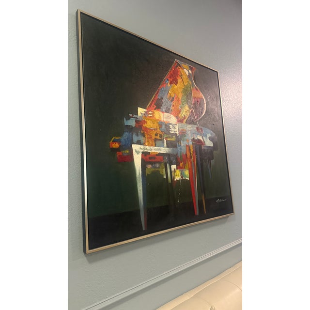 Painted by P. Roberts, the piano's grand musical energy pulses off the canvas. The subjects background color choice of...