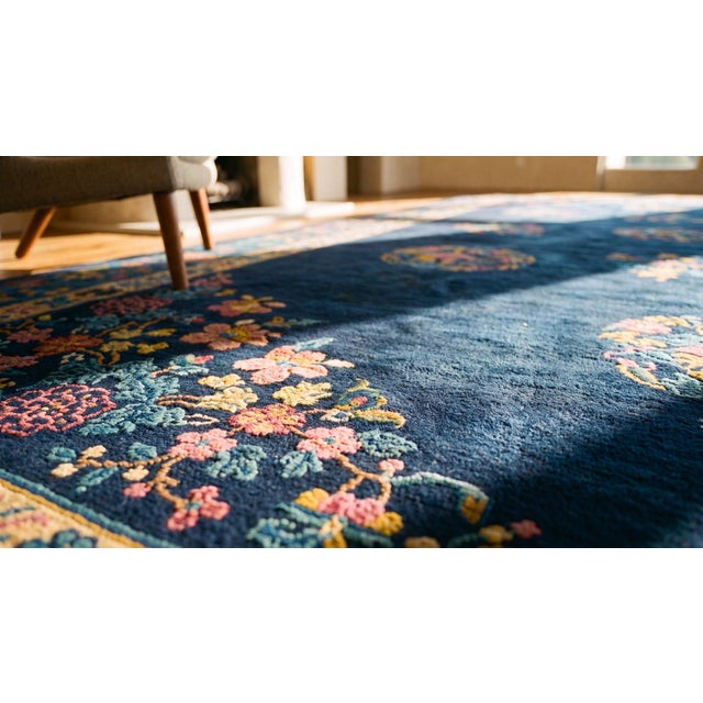Majestic Navy Blue Color With Great Floral Design Chinese Art Deco Rug For Sale - Image 15 of 15