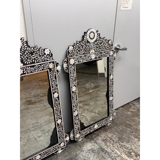 Shell Moroccan Style Mother-of-Pearl Inlaid Floral Wall Mirrors, Pair For Sale - Image 7 of 12