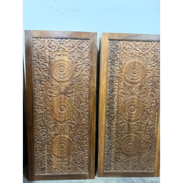Mid-Century Modern Triple Lotus Hand-Carved Solid Wood Double Entry Doors – Antique Indian Statement Doors 80x36 For Sale - Image 3 of 6