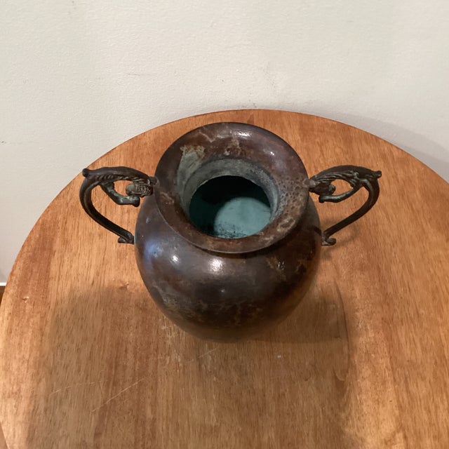 Vintage Roman Style Amphora Vase/Urn With Jaguar Ornate Handles Weathered Patina For Sale - Image 4 of 12