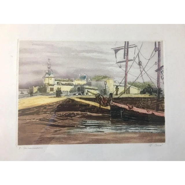 Signed watercolor on paper depicting soldiers on the quays of the port of Concarneau in Brittany, vintage early 20th...