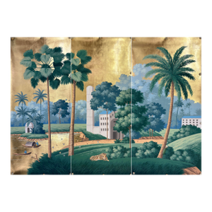 Panoramic Murals Hand Painted Wallpapers on Gold Metallic 31"x63"/Panel - 3 Panels