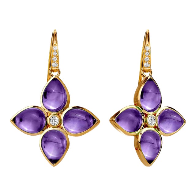 Syna Yellow Gold Amethyst and Diamonds Earrings, a Pair For Sale