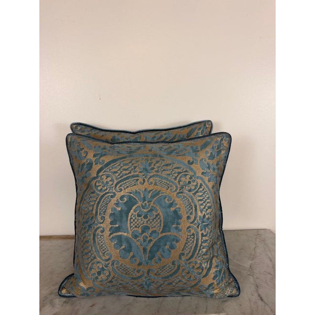 Renaissance Authentic Fortuny Aquamarine Velvet & Gold Pillows, Italy, 21st Century For Sale - Image 3 of 14