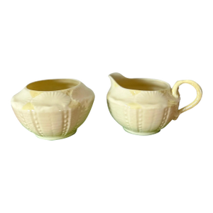 Vintage Belleek Ireland Bone China Coastal-Inspired Sugar Bowl & Creamer Set With Embossed Sea Urchin, Coral Details