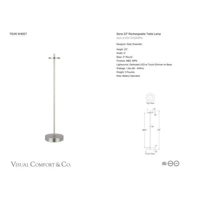 Kelly Wearstler by Visual Comfort Signature Sene 23" Rechargeable Table Lamp in Museum Nickel Designer: Kelly Wearstler...