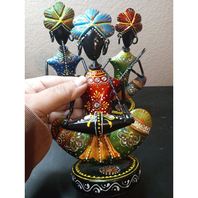 1980s Gorgeous Trio of Handcrafted Hammered Metal Rajasthani Musician Figurines For Sale - Image 4 of 7