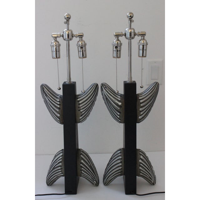 Linen Midcentury Modern Table Lamps French Artisan Made "Totem" With New Custom Linen Shades - a Pair For Sale - Image 8 of 13