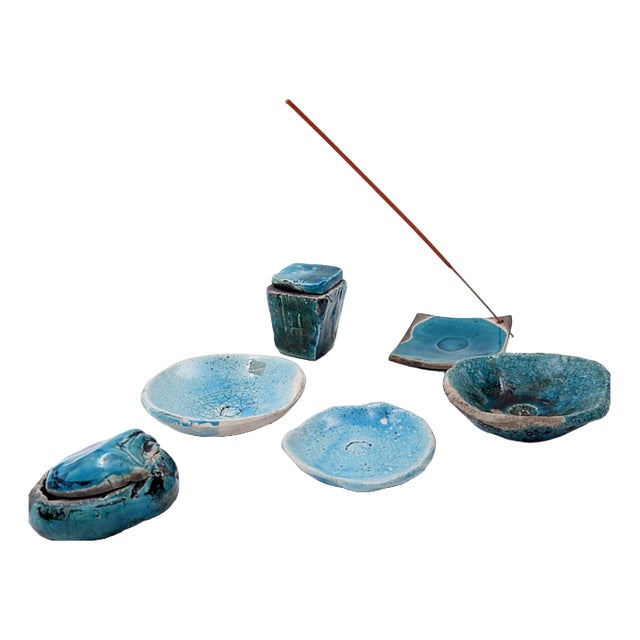 Turquoise Ceramics by N. Lebrun for Fond d'Atelier, Belgium 1970s, Set of 6 For Sale