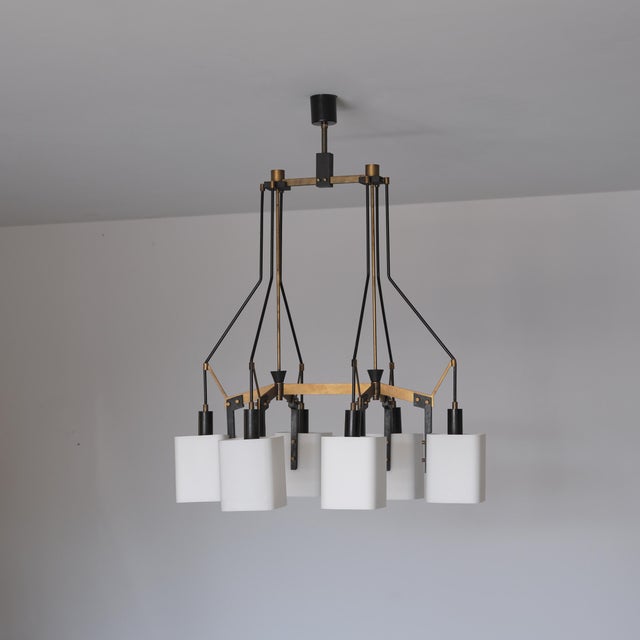 Italian Six-Light Chandelier in Brass, Black Metal and Opaline Glass, 1950s For Sale - Image 15 of 16