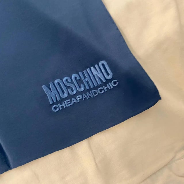 1980s 1980s Vintage Luxury Is Relative Blue and Gold Silk Italian Foulard by Moschino For Sale - Image 5 of 9