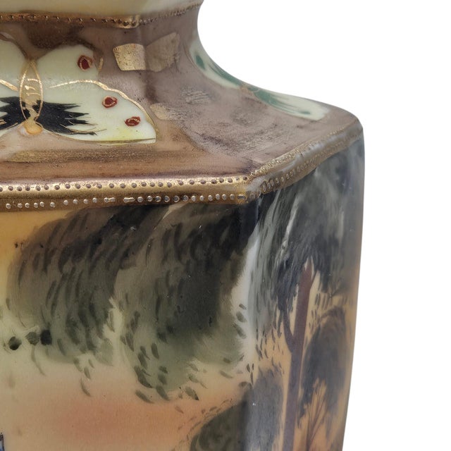 Burnt Orange Pair Antique Nippon Imperial Mark Hand Painted Landscape Vases Moriage Gilt Porcelain 9.5” For Sale - Image 8 of 18