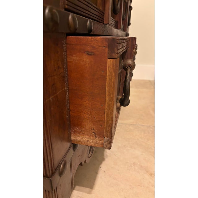 Vintage Spanish Revival Solid Wood Chest of Drawers – Metal Fronts & Iron Ring Pulls – 1920s–40s For Sale - Image 4 of 4