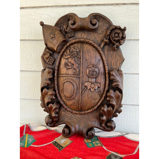 Antique French Gothic Wall Plaque Coat of Arms Carved Oak Renaissance c1890. Direct from France, a substantial and highly...