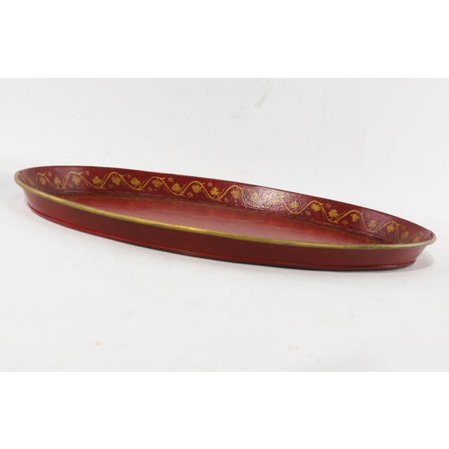 Art Deco Vintage Handmade Metal Red Tray With Hand-Painted Gold Olive Leaf Wreath For Sale - Image 3 of 11