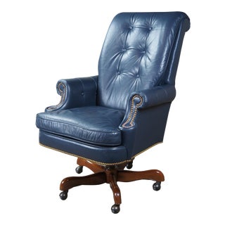 Late 20th Century Southmark Leather Blue Executive Office Chair Tufted Back Nailhead Trim For Sale