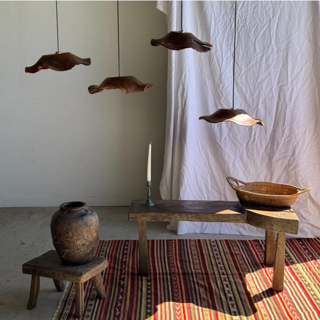 1980s Medium Flat Corrugated Teak Leaf Pendant Light with Floral Stripes, 1980s For Sale - Image 5 of 18
