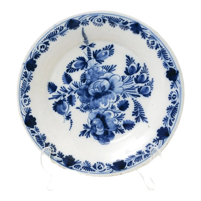 Antique Dutch Delft Deep Floral Plate C. 1740-1760- Netherlands For Sale