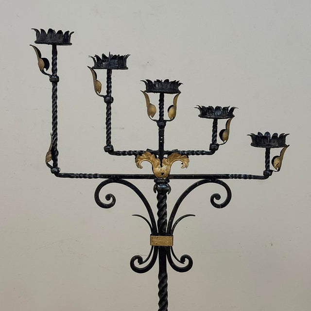 Early 20th Century Spanish Revival Hand Forged Iron and Brass Torchère ~ Floor Candelabra For Sale - Image 5 of 18