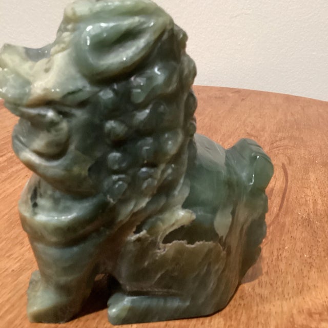 Stone Vintage Chinese Carved Green Jade Foo Lion Dragon Dog Figurine For Sale - Image 7 of 10