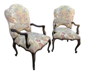 Late 20th Century Louis XV Style Walnut Tapestry Arm Chairs - a Pair