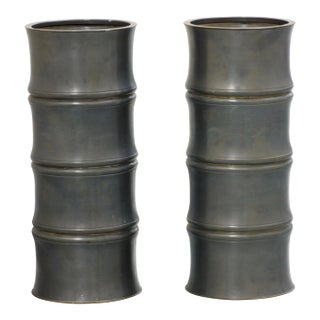 1950s Pewter Bamboo Chinoiserie Urns - a Pair For Sale