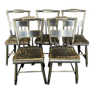 19th Century Plank Seated Dining Chairs With Original Black Paint -Set of 5 For Sale