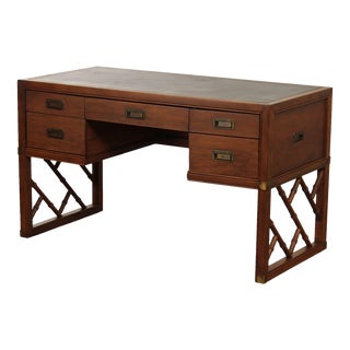 Sligh Campaigh Style Faux Bamboo Walnut Leather Top Writing Desk For Sale