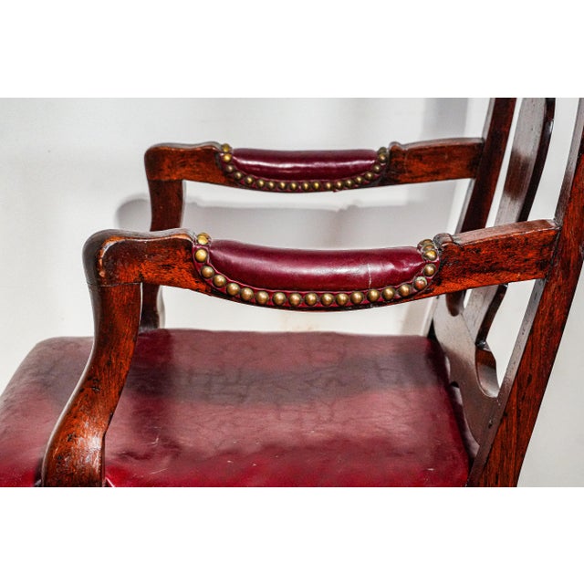 Beautiful English Antique Carved Wood Walnut Desk Arm Chair Leather Seat For Sale - Image 12 of 18