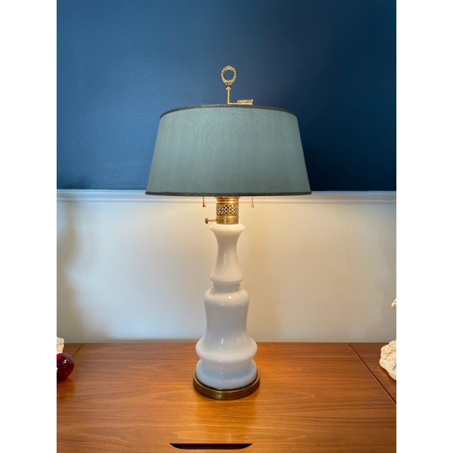 Shabby Chic Mid 20th Century White Opaline and Brass Oil Table Lamp For Sale - Image 3 of 5