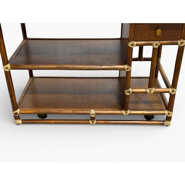 Wood 1970s McGuire Serving Cart - Vintage Organic Modern Bar - Rattan + Mahogany + Raw Hide For Sale - Image 7 of 12