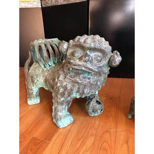 Chinoiserie Monumental Antique Chinese Bronze Indoor Outdoor Foo Dogs - a Pair For Sale - Image 3 of 12