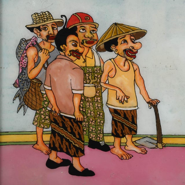 This vibrant reverse glass painting captures a moment of comic diplomacy as the beloved Punakawan characters engage in a...