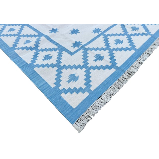 Not Yet Made - Made To Order Handmade Cotton Vegetable Dyed Sky Blue and White Star Patterned Diamond Rug - 8'x10' For Sale - Image 5 of 11