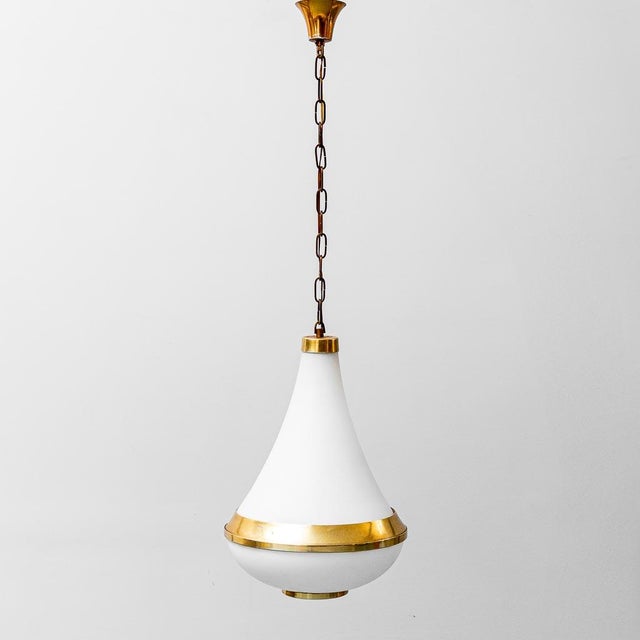 Opaline Glass and Brass Chandelier, 1950s For Sale - Image 11 of 11