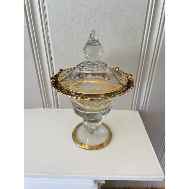 Vintage "Paden City Glass" Large Etched Roses Gold Glass Compote With Lid For Sale - Image 4 of 13