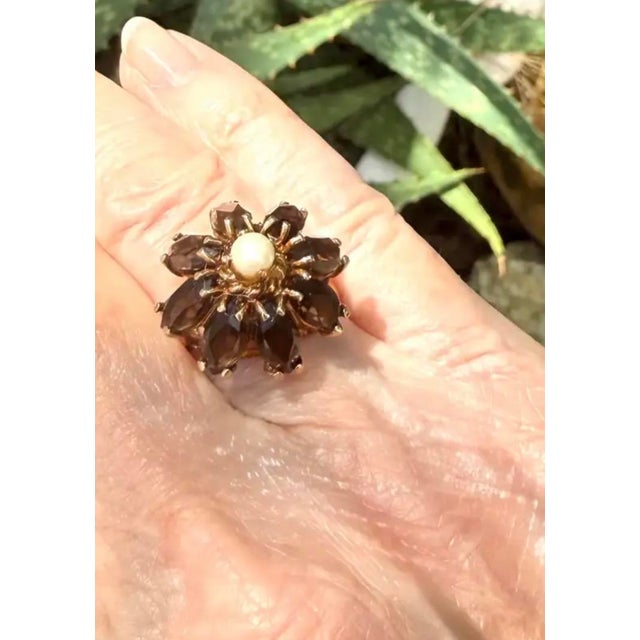 Brown 14k Gold Smoky Quartz and Pearl Floral Cocktail Ring Vintage For Sale - Image 8 of 8