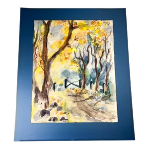 1960s Midcentury Modern Blue Art Watercolor Abstract Landscape Signed