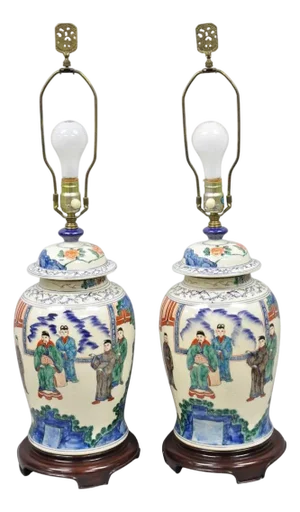 Vintage Chinoiserie Oriental Oatmeal Ginger Jar Ceramic Table Lamps - A Pair